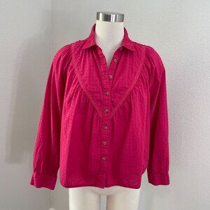Pilcro Womens Small Lace Back Cotton Button Up Shirt in Pink Long Sleeve Top